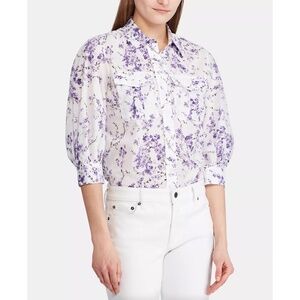 Lauren Ralph Lauren Floral Print Cotton Voile Shirt 3/4 Sleeve in Purple